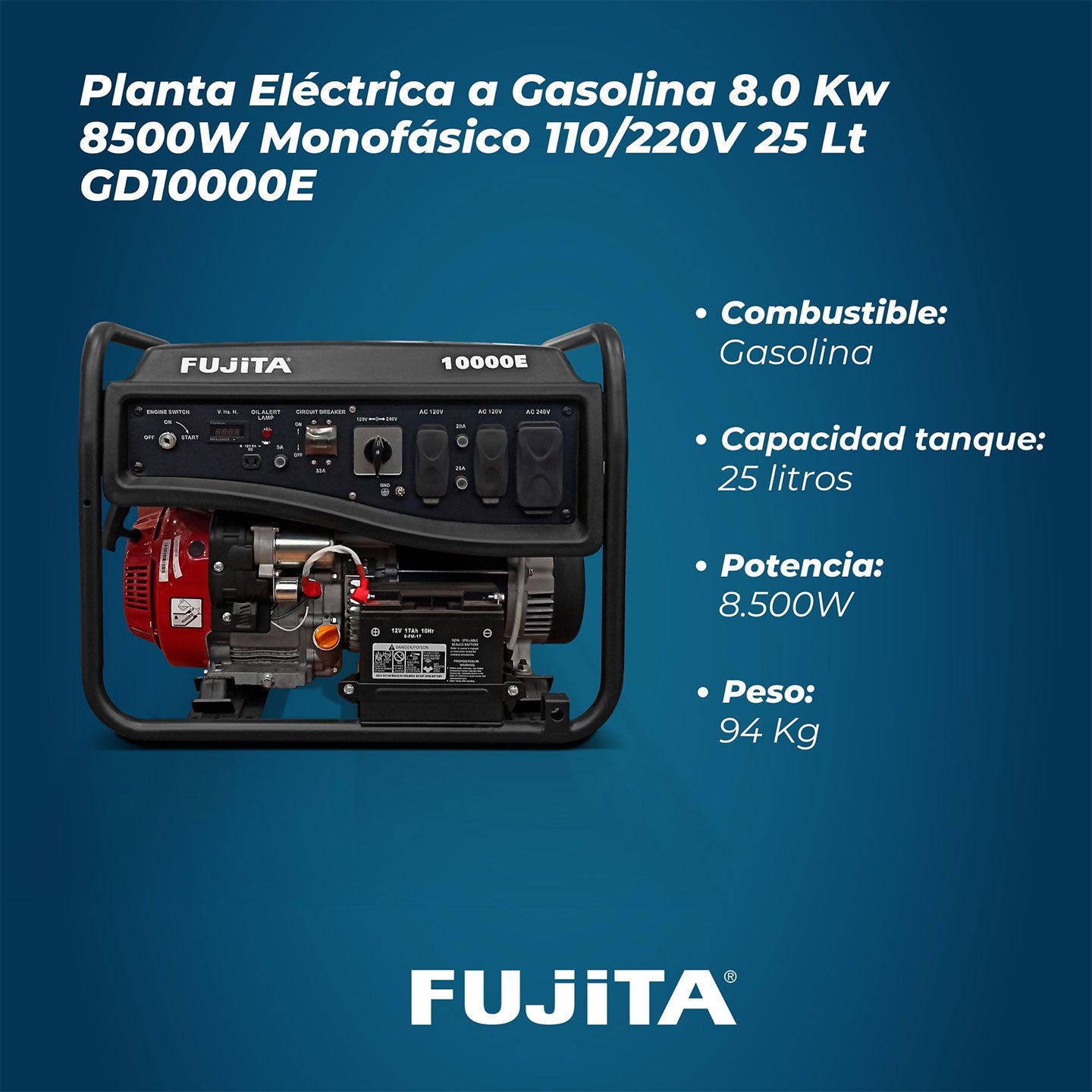 Generador De Energía A Gasolina De 8500W GD10000E Fujita| 8.2 Kw | Monofoásico