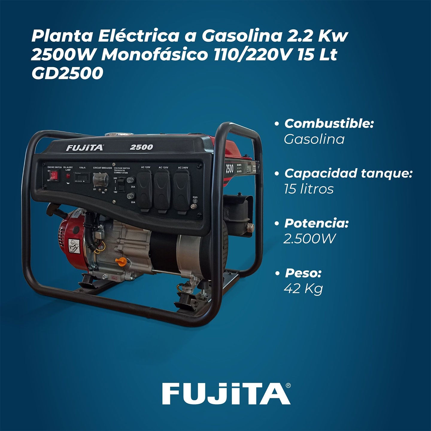 Generador De Energía A Gasolina De 2.500W GD2500 Fujita| 2.2 Kw | Monofásico