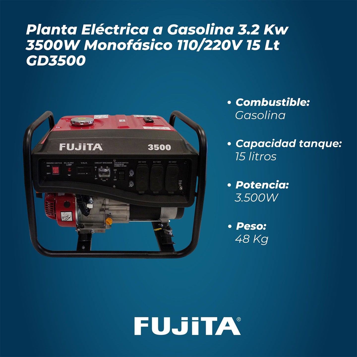 Generador De Energía A Gasolina De 3.500W GD3500 Fujita| 3.2 Kw | Monofásico