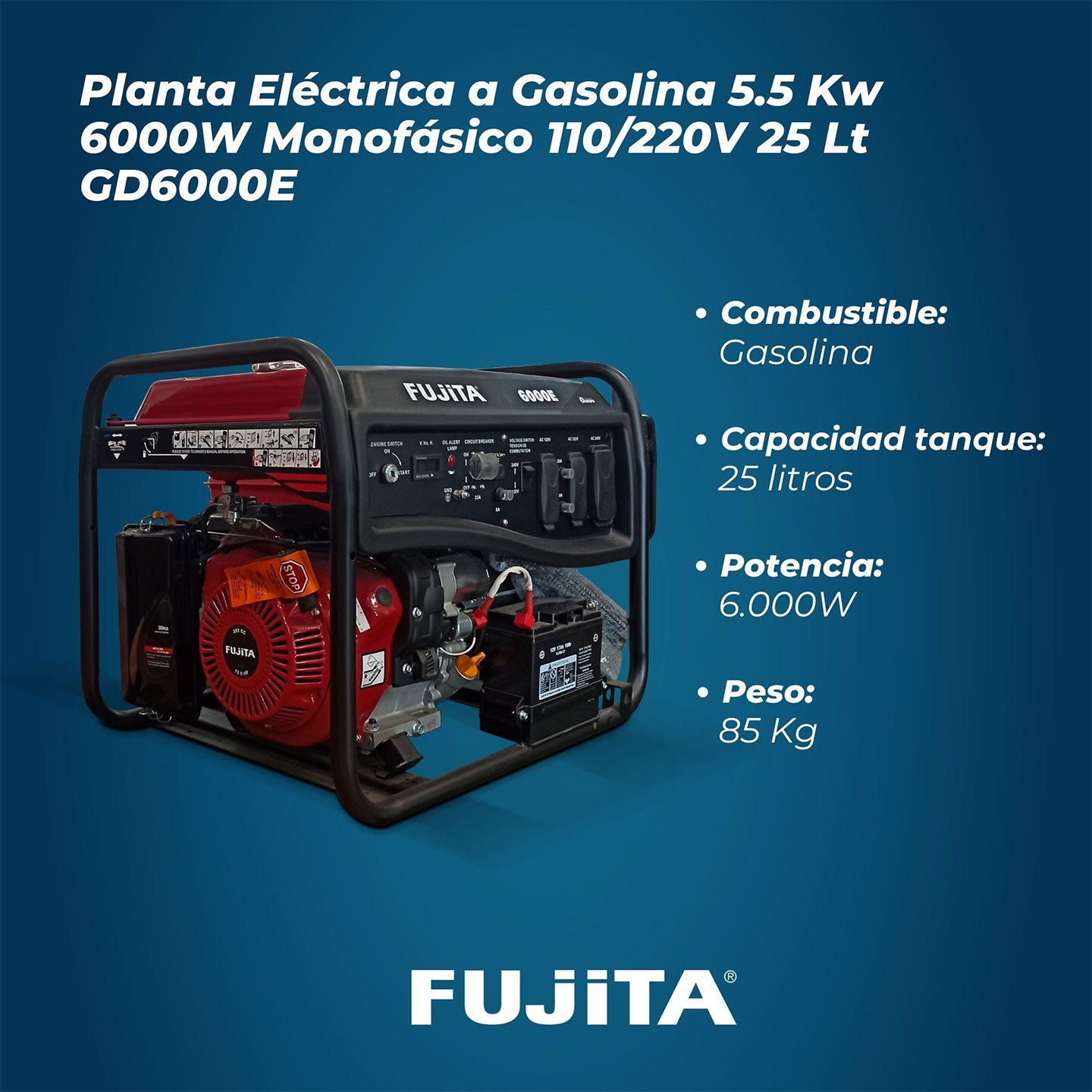 Generador De Energía A Gasolina De 6.000W GD6000E Fujita| 5.2 Kw | Monofásico