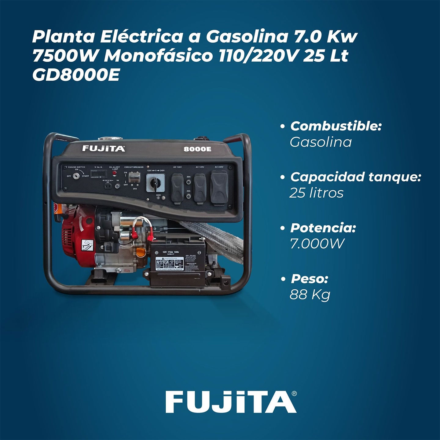 Generador De Energía A Gasolina De 7.500W GD8000E Fujita| 7.0 Kw | Monofásico