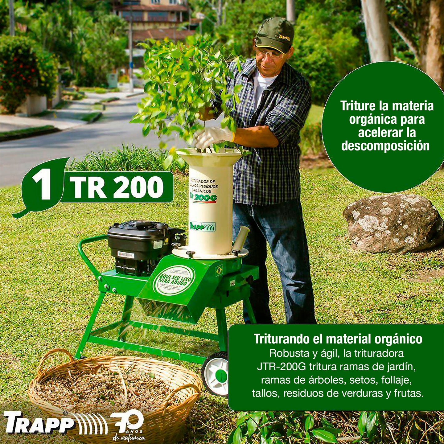 Triturador De Residuos Orgánicos JTR200GLF TRAPP Con Motor a Gasolina de 6.5 HP | Alto Rendimiento | Compostaje y Poda
