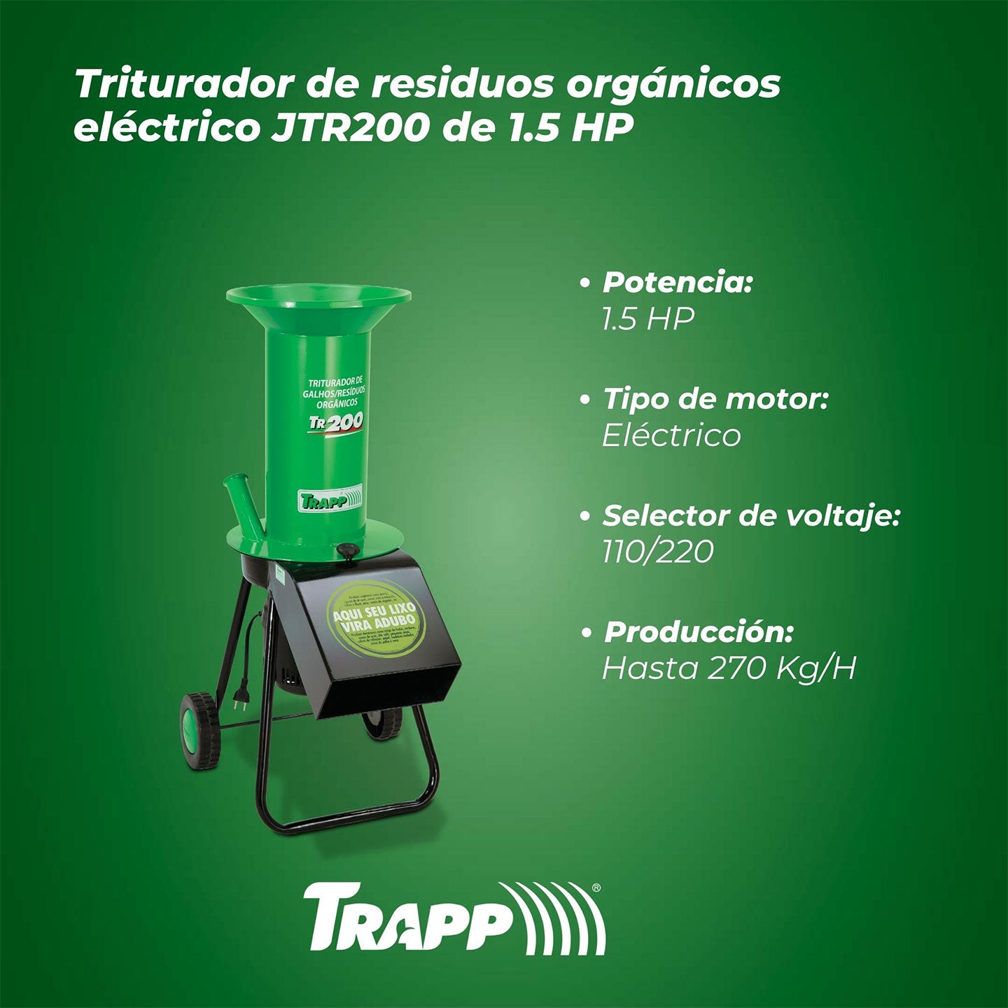Triturador De Residuos Orgánicos JTR200 TRAPP Para Motor Eléctrico De 1.5 HP | Alto Rendimiento | Compostaje y Poda