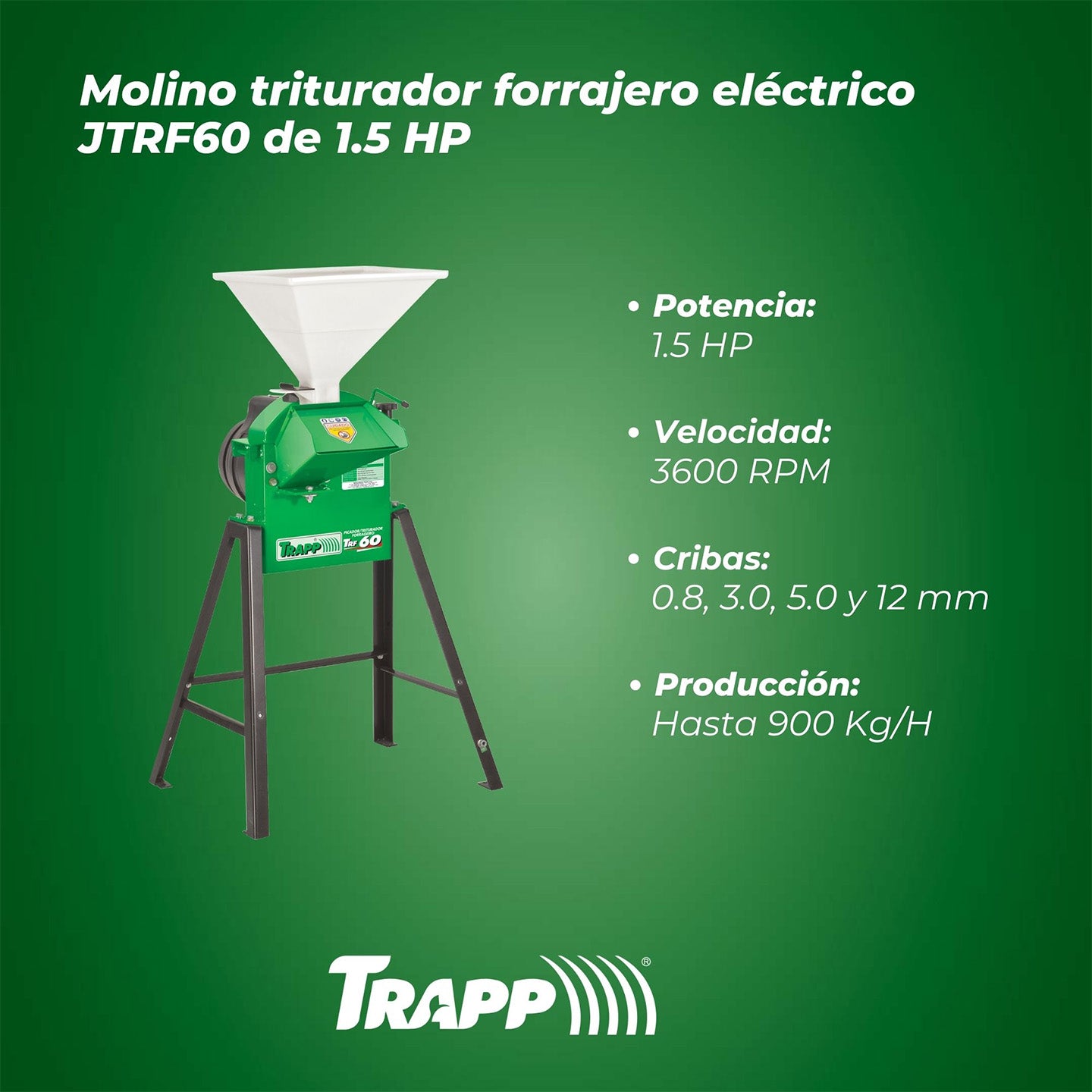 Molino Triturador Forrajero JTRF60 TRAPP Con Motor Eléctrico de 1.5 HP | Alto Rendimiento 900 Kg/h | Granos y Forrajes