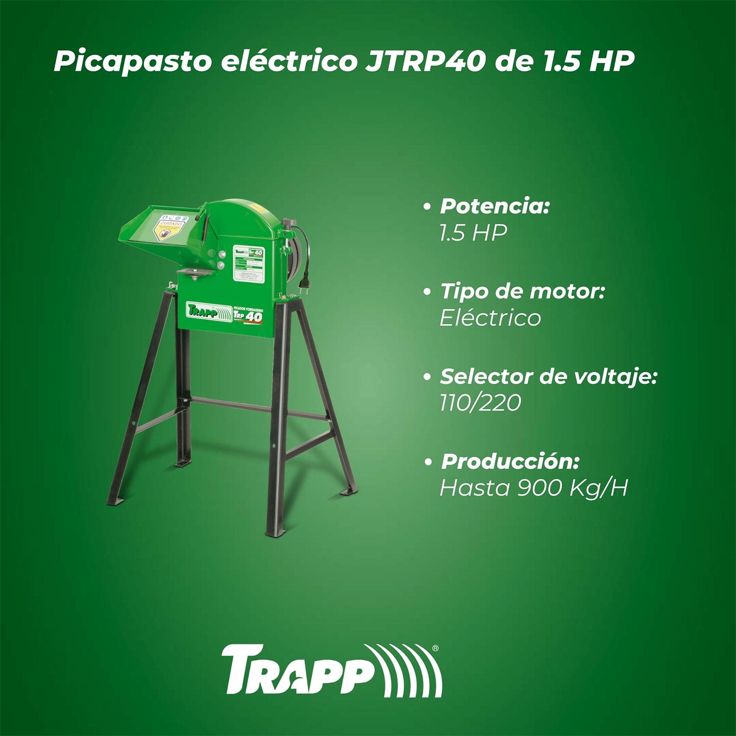 Picapasto JTRP40 TRAPP Con Motor Eléctrico de 1.5 HP | Alto Rendimiento 900 Kg/h | Forrajes y Material Verde