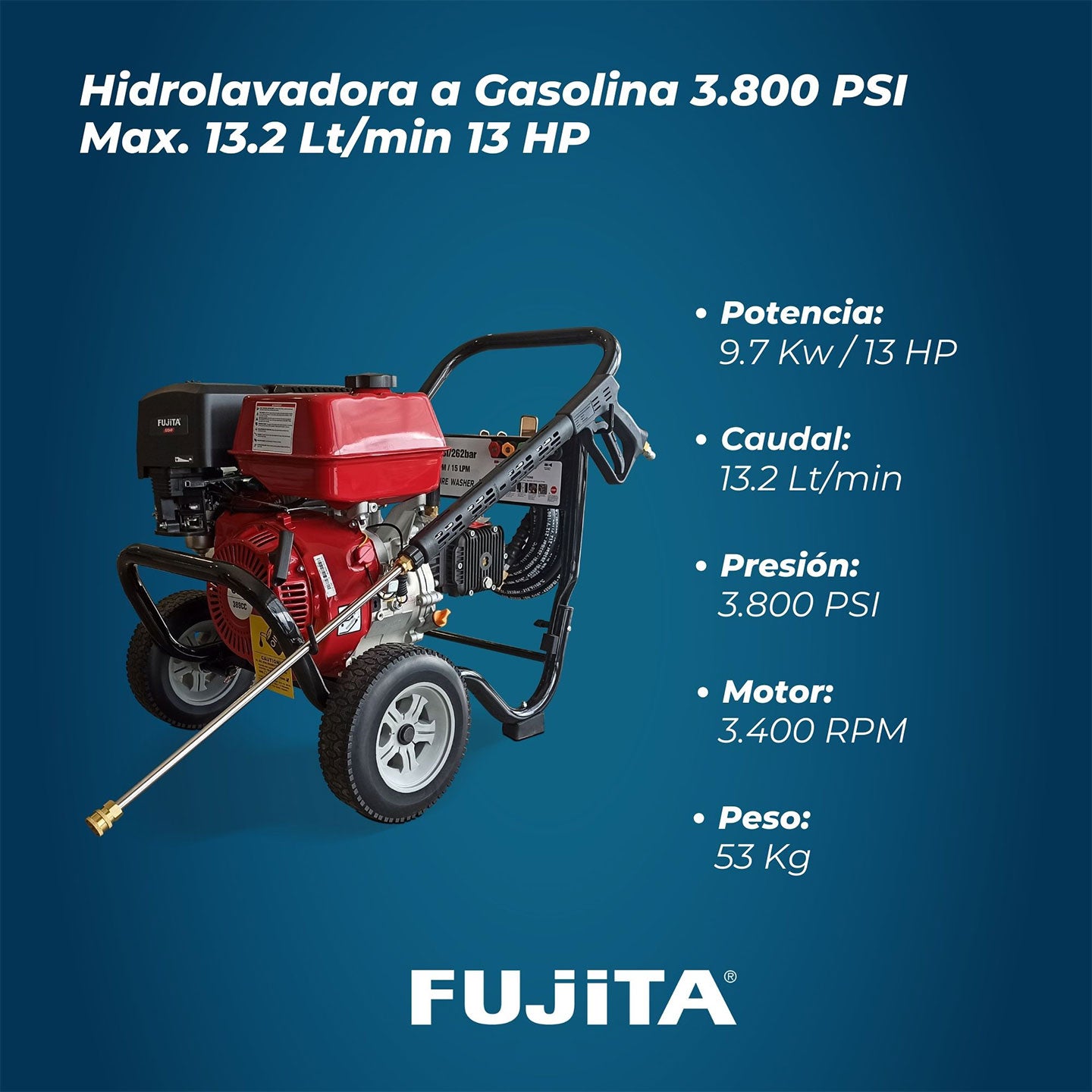 Hidrolavadora A Gasolina De 13 HP LHIDROG13 Fujita | 3800 PSI | 13.2 L/min | Alta Presión