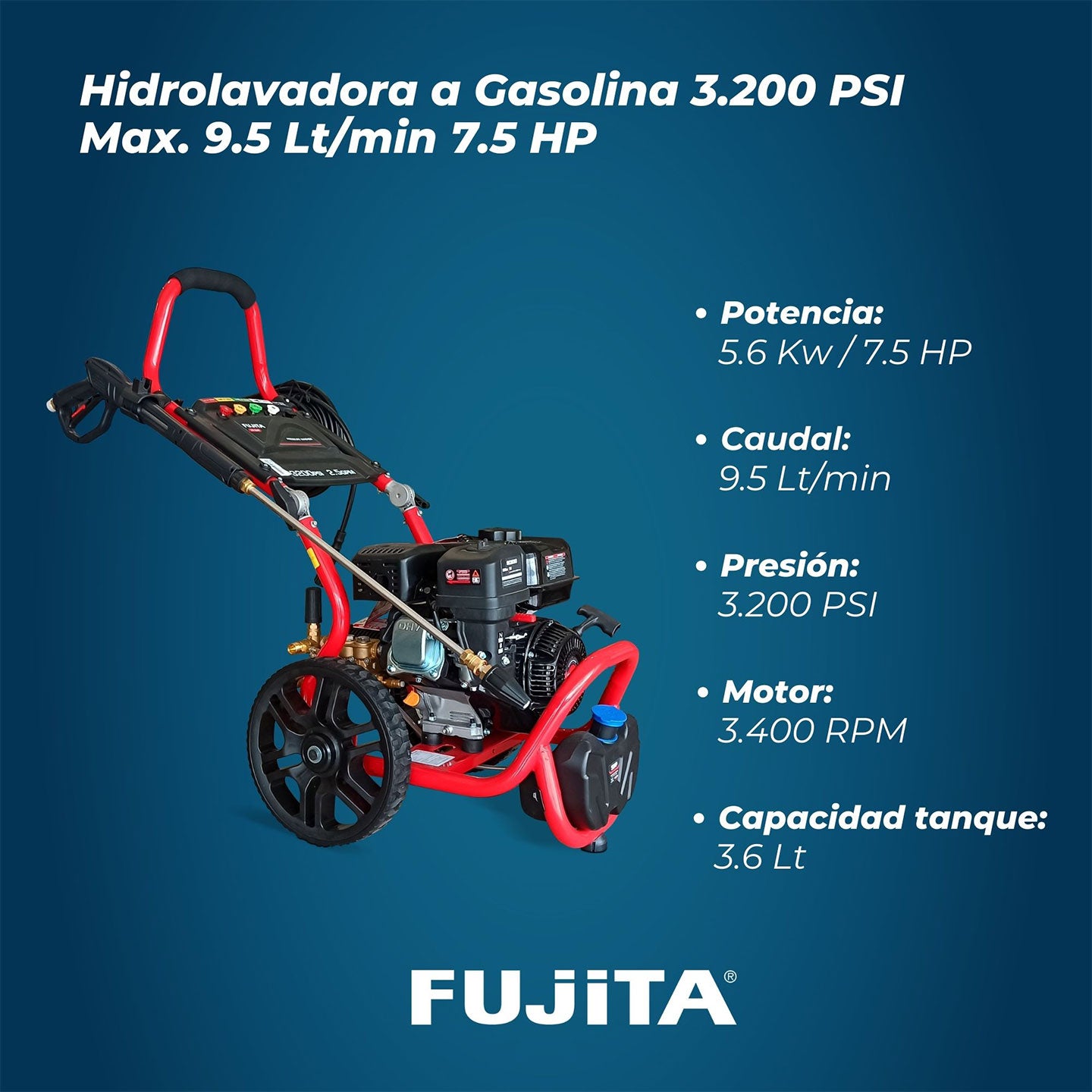 Hidrolavadora A Gasolina De 7.5 HP LHIDROG75 Fujita | 3200 PSI | 9.5 L/min | Alta Presión