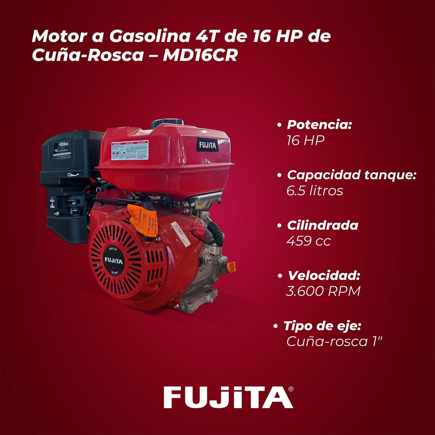 Motor A Gasolina De 16 HP MD16CR Fujita | 459 CC | 4 Tiempos | Cuña/Rosca 1"