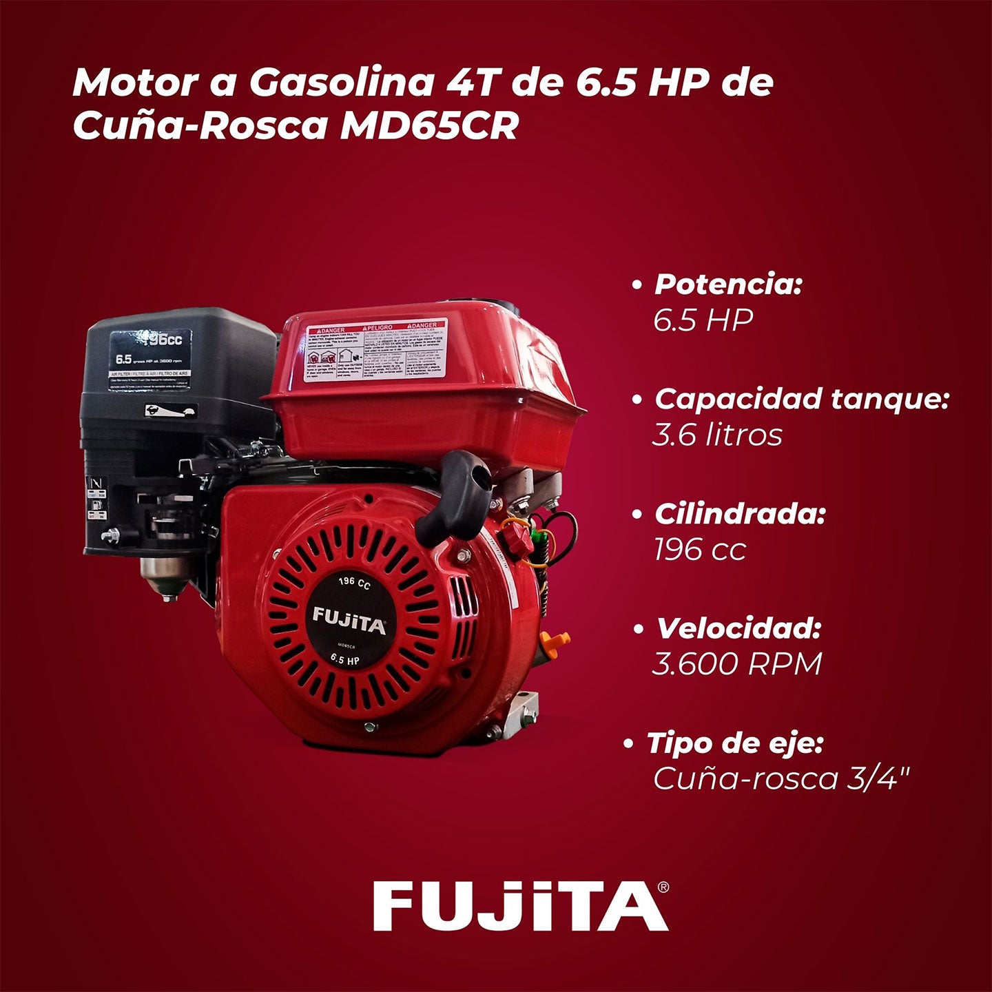 Motor A Gasolina De 6.5 HP MD65CR Fujita| 196 CC | 4 Tiempos | Cuña/Rosca 3/4"