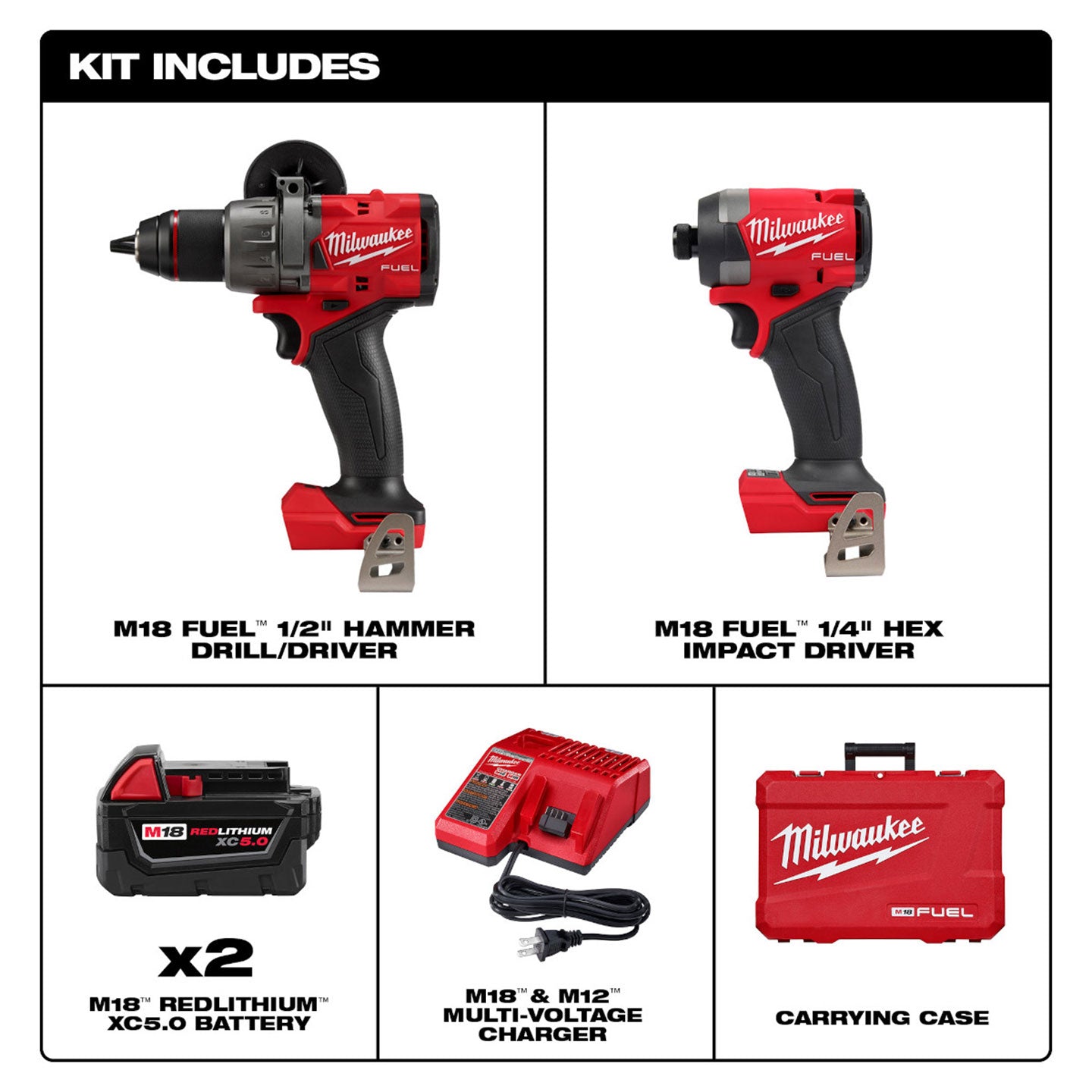 Combo Taladro Percutor Y Atornillador De Impacto Inalámbricos Milwaukee MW369722 | M18 Fuel | 2 Baterías y Cargador