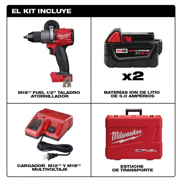 Milwaukee M18™ FUEL Kit Brushless 18-voltios ion de Litio Taladro Percutor/Atornillador de 1/2” pulgada inalámbrico con dos baterías de 5.0 amperios, MW280322, incluye estuche y cargador multivoltaje - Imagen 2