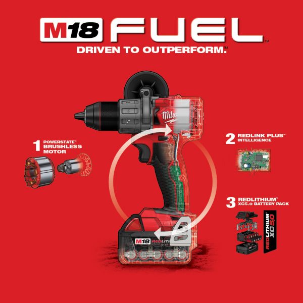 Milwaukee M18™ FUEL Kit Brushless 18-voltios ion de Litio Taladro Percutor/Atornillador de 1/2” pulgada inalámbrico con dos baterías de 5.0 amperios, MW280422, incluye estuche y cargador multivoltaje - Imagen 5