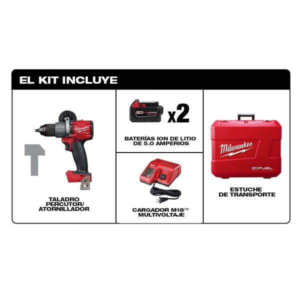 Milwaukee M18™ FUEL Kit Brushless 18-voltios ion de Litio Taladro Percutor/Atornillador de 1/2” pulgada inalámbrico con dos baterías de 5.0 amperios, MW280422, incluye estuche y cargador multivoltaje - Imagen 2