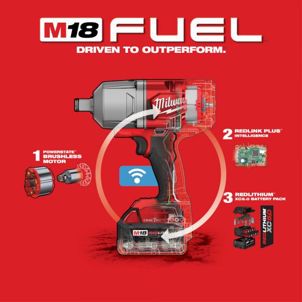 Milwaukee M18™ FUEL Brushless 18-voltios, Llave de impacto 3/4" Inalámbrica con Anillo de Retención y Sistema ONE-KEY™  MW286422,  0 - 1200 ft-lbs, con dos baterías ion de litio de 5.0 amperios, incluye estuche y cargador multivoltaje - Imagen 7