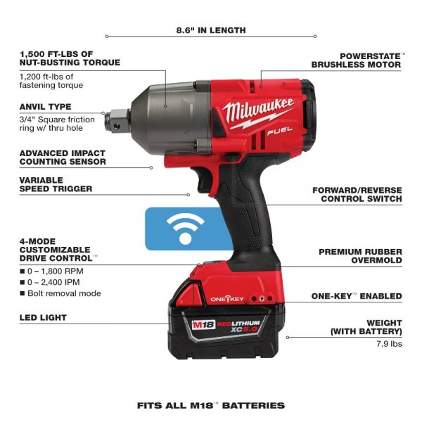 Milwaukee M18™ FUEL Brushless 18-voltios, Llave de impacto 3/4" Inalámbrica con Anillo de Retención y Sistema ONE-KEY™  MW286422,  0 - 1200 ft-lbs, con dos baterías ion de litio de 5.0 amperios, incluye estuche y cargador multivoltaje - Imagen 4