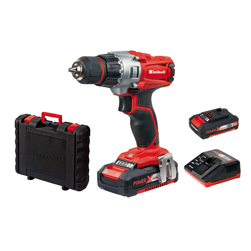  Einhell TE-CD Power X-Change - Taladro de taller inalámbrico de  18 voltios, 2 velocidades, 1250 RPM máximo, ajuste de par de torsión 20+1,  con estuche, clip para cinturón, portabrocas sin llave