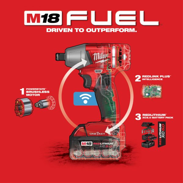 M18™ FUEL Brushless 18-voltios, Llave de impacto 1/2" inalámbrica con anillo de retencion y sistema ONE-KEY™ 2759B-22 Milwaukee, 220 ft-lbs, con dos baterías ion de litio de 5.0 amperios, incluye estuche y cargador multivoltaje. - Imagen 8