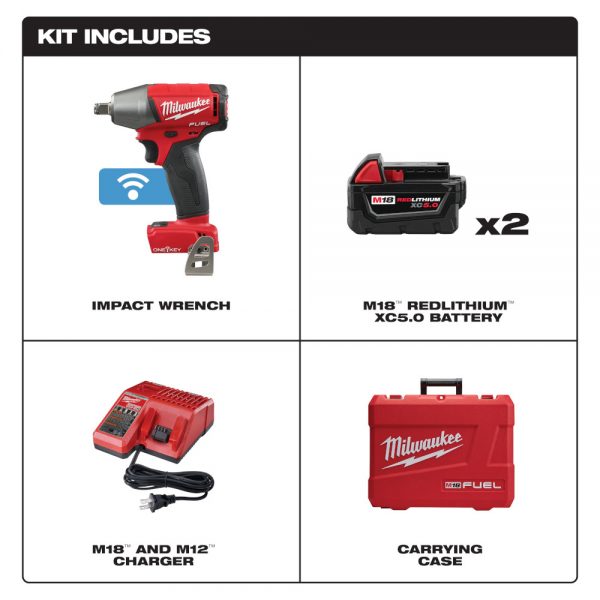 M18™ FUEL Brushless 18-voltios, Llave de impacto 1/2" inalámbrica con anillo de retencion y sistema ONE-KEY™ 2759B-22 Milwaukee, 220 ft-lbs, con dos baterías ion de litio de 5.0 amperios, incluye estuche y cargador multivoltaje. - Imagen 2