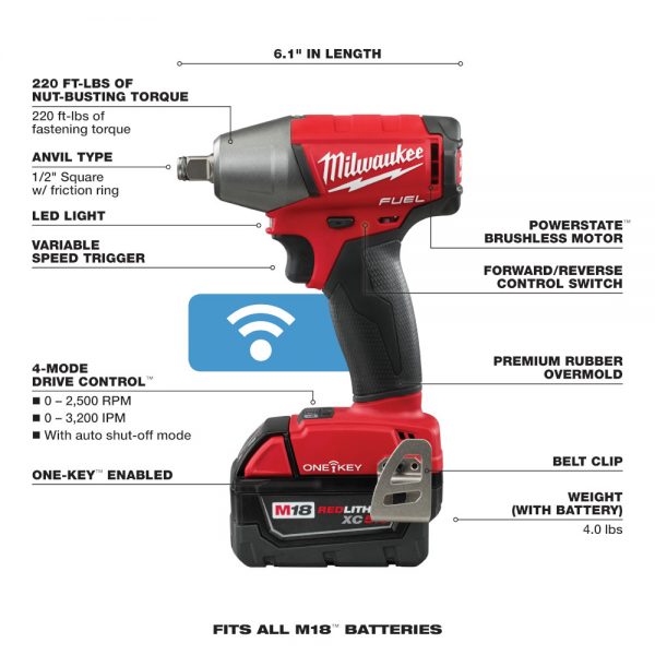 M18™ FUEL Brushless 18-voltios, Llave de impacto 1/2" inalámbrica con anillo de retencion y sistema ONE-KEY™ 2759B-22 Milwaukee, 220 ft-lbs, con dos baterías ion de litio de 5.0 amperios, incluye estuche y cargador multivoltaje. - Imagen 3