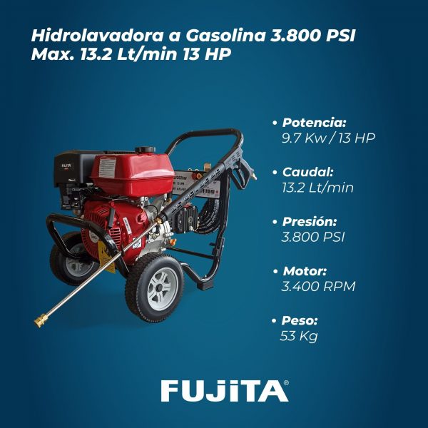 Fujita Hidrolavadora de Alta Presión a Gasolina 3.800 PSI Max. 13.2 Lt/min 13 HP LHIDROG13 - Imagen 3