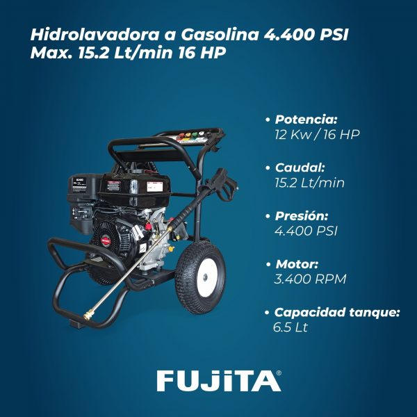 Fujita Hidrolavadora a Gasolina 4.400 PSI Max. 15.2 Lt/min 16 HP LHIDROG16 - Imagen 3