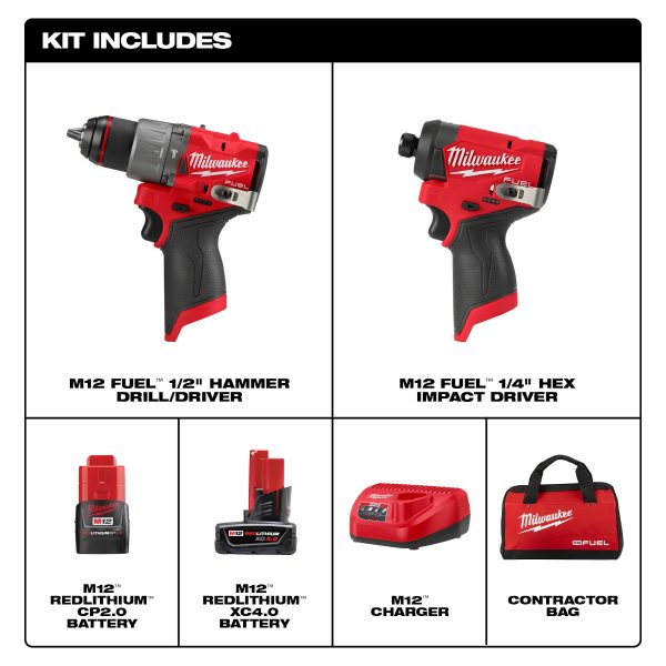 Milwaukee M12 Fuel Sin Escobillas 12-Voltios Ion De Litio Combo De 2 Herramientas Taladro Percutor Y Atornillador De Impacto Hexagonal Inalámbricos Con Dos Baterías De 2.0 Amperios, MW349722, Incluye Maletín y Cargador. - Imagen 2